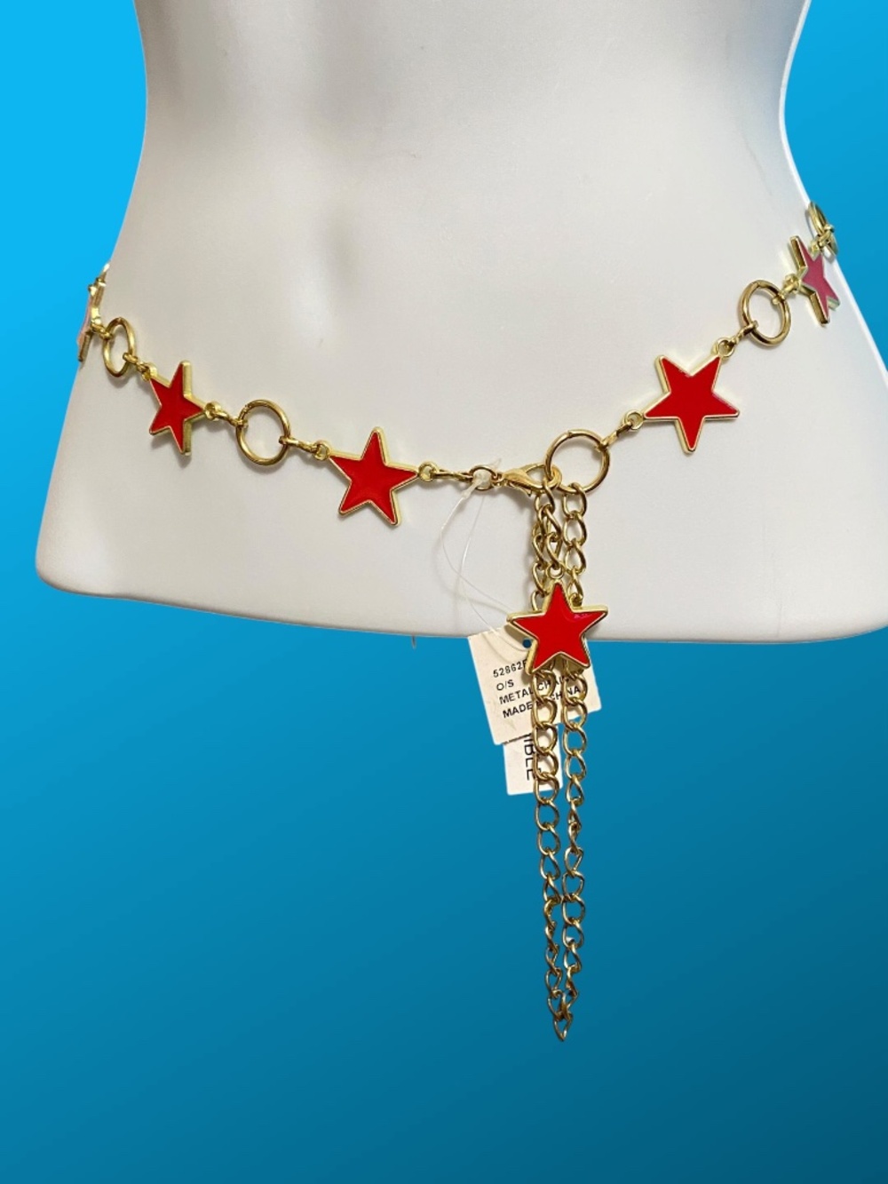 Red & Gold Enameled Stars Goldtone Chain Belt NWT Bright Patriotic - Picture 7 of 10